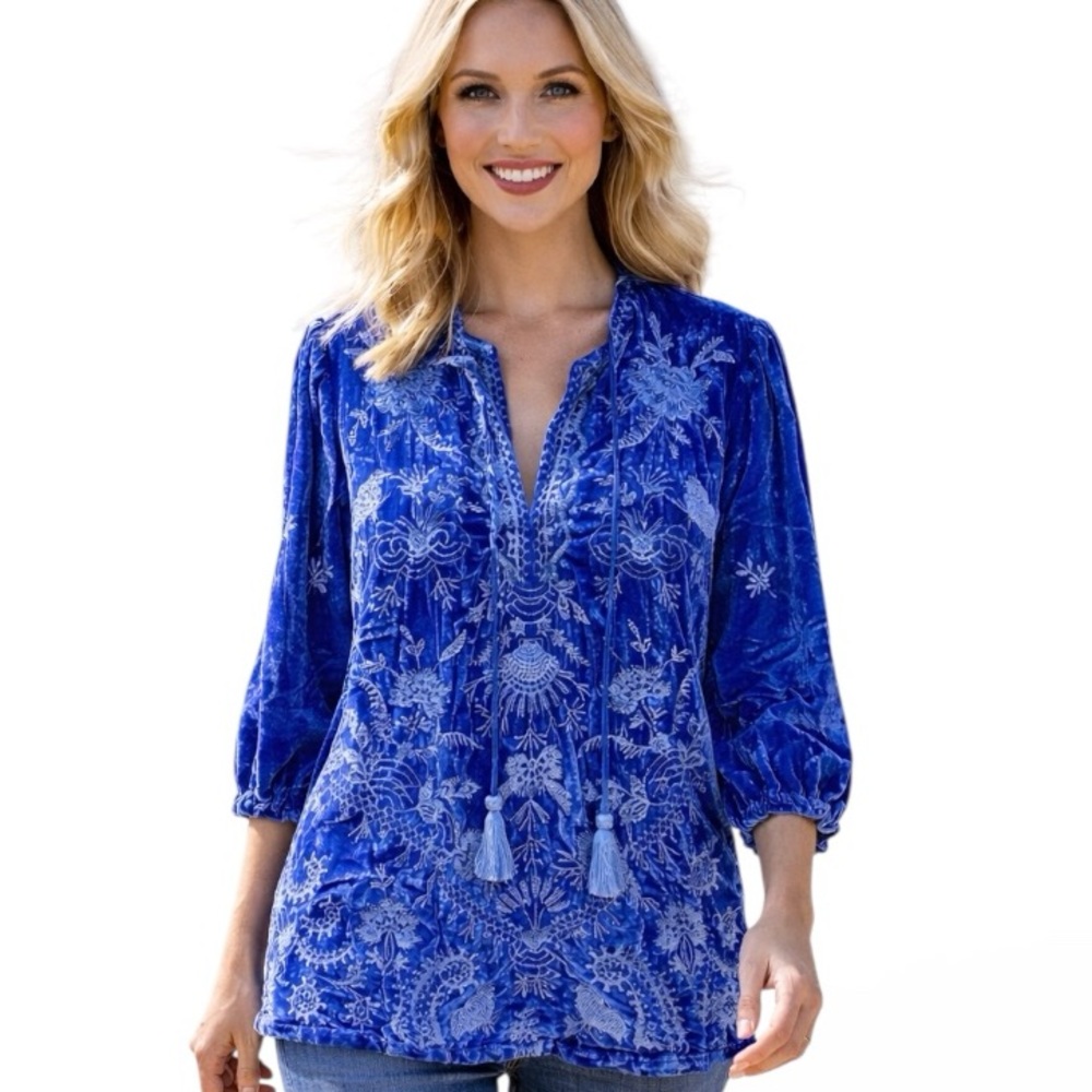 Johnny Was heavily embroidered ARZELLA RELAXED VELVET BLOUSE NWT